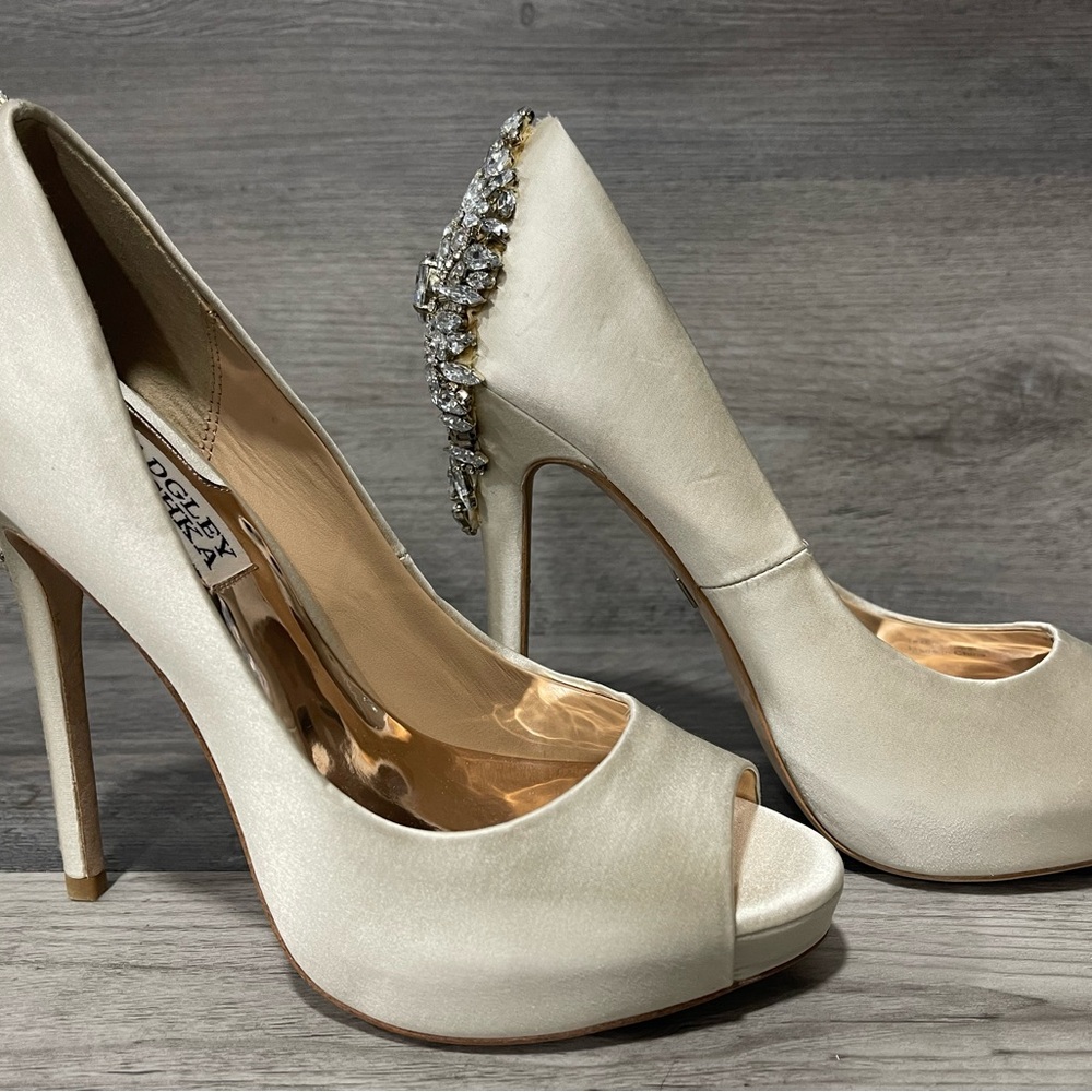 Badgley Mischka Ivory Peep-Toe Heels with Rhinestone Accent